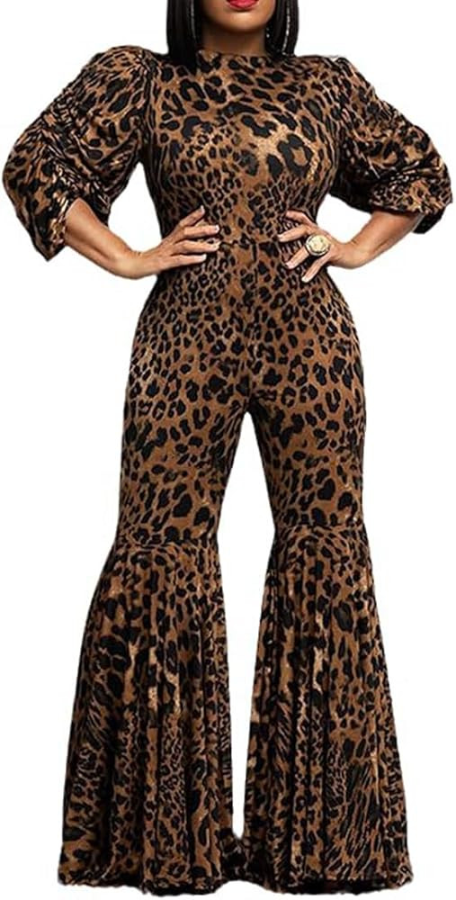 THLAI Jumpsuits for Women Sexy Leopard Print Long Sleeve Flared Pants Bell Bottoms Party Club One... | Amazon (US)