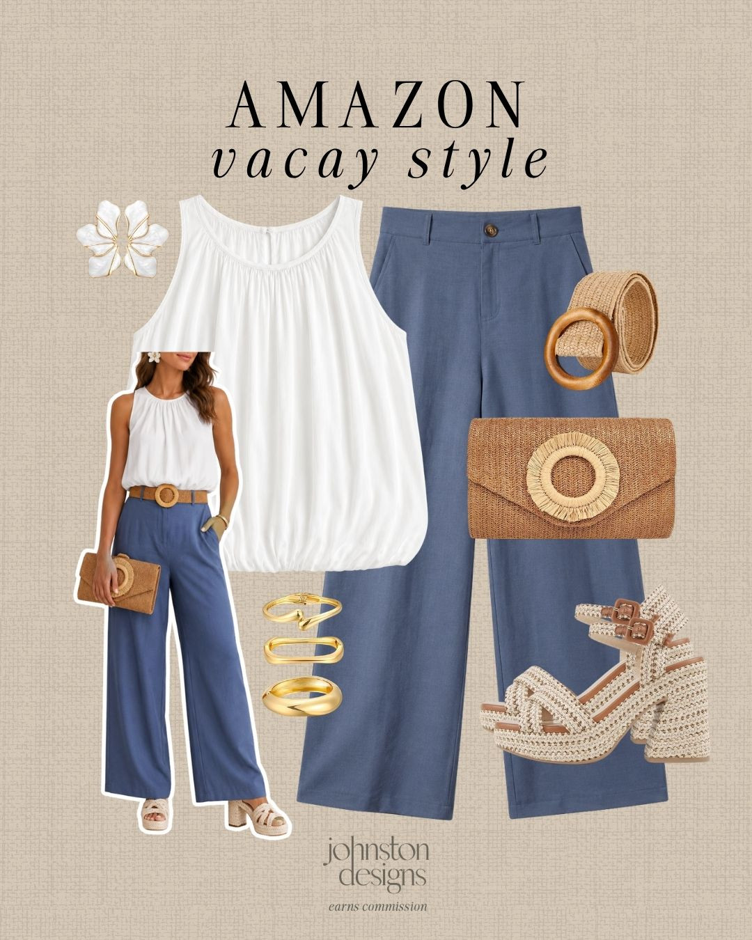 Amazon vacay style with a breezy white tank, blue wide-leg pants and woven accessories. 🤍

Amazon vacation outfit, white bubble tank, blue wide leg pants, raffia clutch bag, woven belt, platform sandals, flower statement earrings, gold ring stack, resort style outfit, summer travel look, warm weather style, elevated casual outfit, affordable Amazon fashion, chic vacation finds 

 #LTKootd #LTKSeasonal #LTKTravel