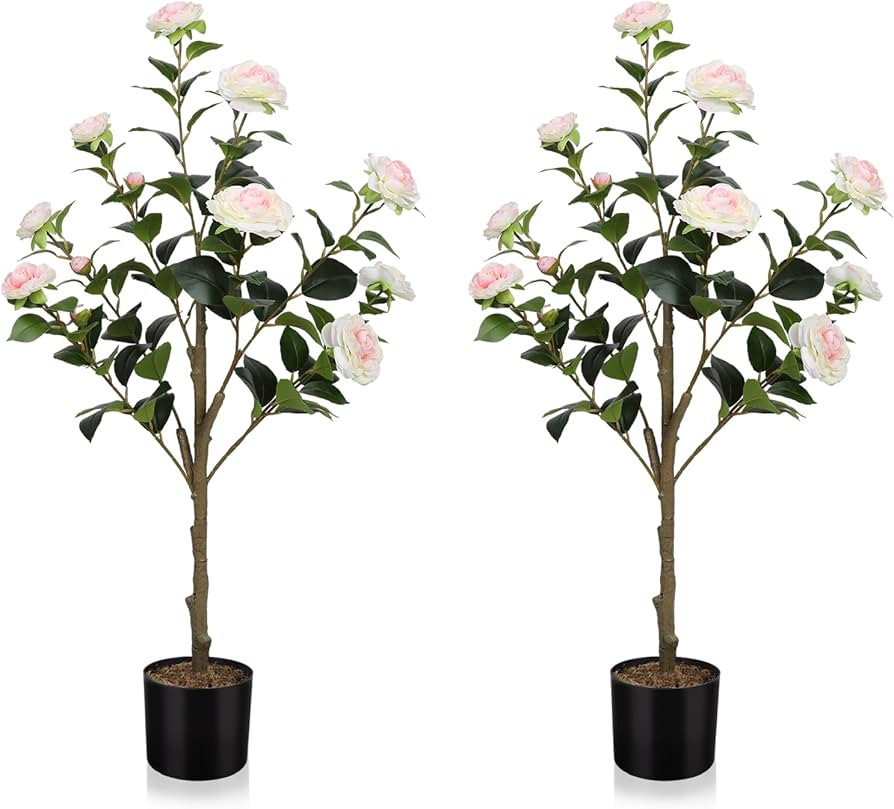 HMASYO 36 inch Artificial Camellia Flower Tree Set of 2, Potted Fake Flowering Plants Blooming Ca... | Amazon (US)