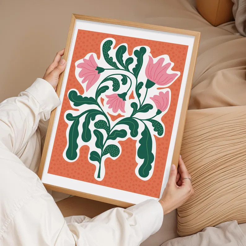 Botanical Flower Art Print, Pink Green Wall Art Poster, Minimalist Poster, Nature Decor, Floral R... | Etsy (US)