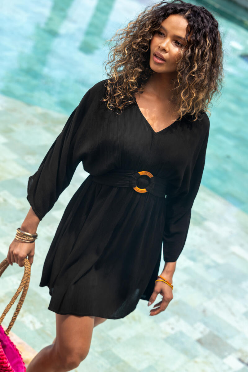 Crinkle O-Ring Woven Beach Kaftan - Black | Pour Moi