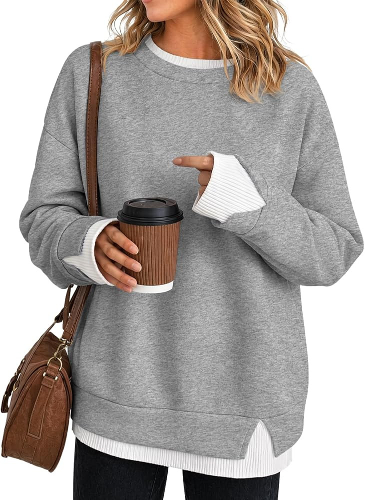 Fisoew Women Crewneck Sweatshirts Long Sleeve Loose Fit Fall Pullover Tops | Amazon (US)