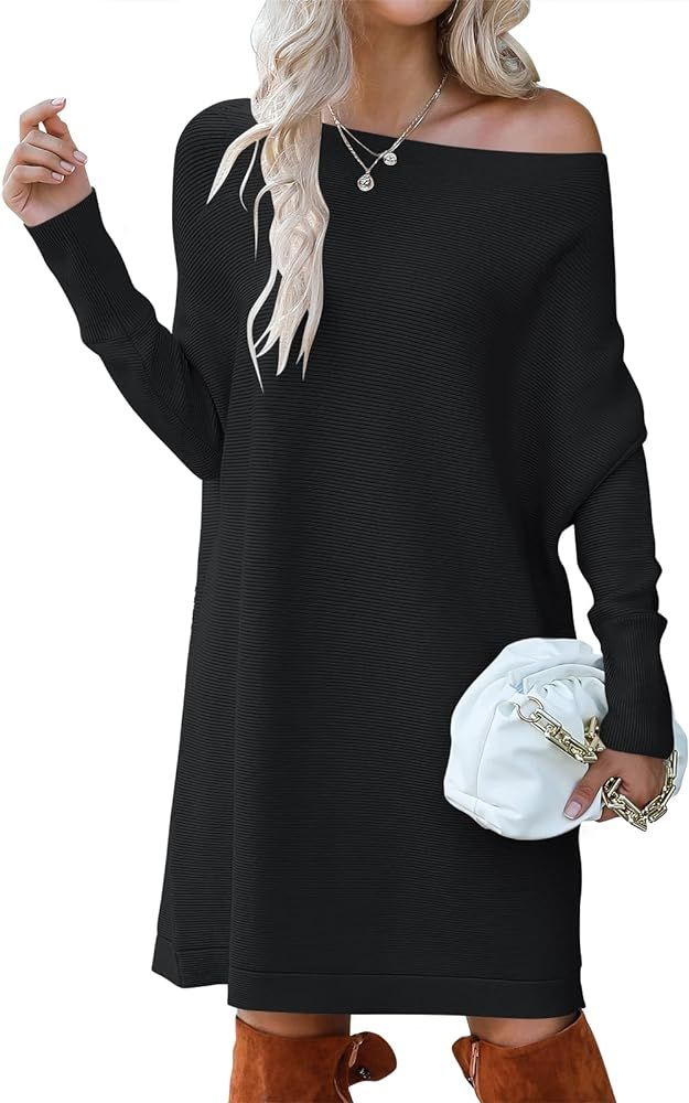 ANRABESS Women's Off Shoulder Boat Neck Long Batwing Sleeve Casual Loose Oversized Pullover Tunic Sw | Amazon (US)