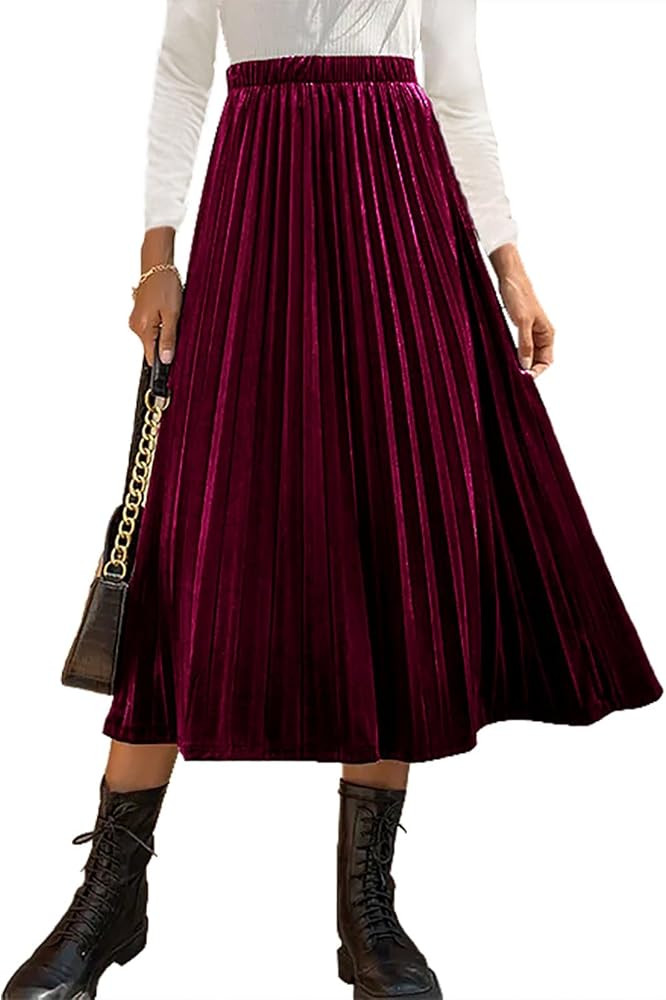 Women’s High Elastic Waist Skirt Pleated A Line Swings Midi Velvet Skirts for Women | Amazon (US)
