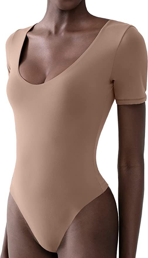 PUMIEY Women's V Neck Short Sleeve Bodysuit Sexy Tops Sharp Collection | Amazon (US)