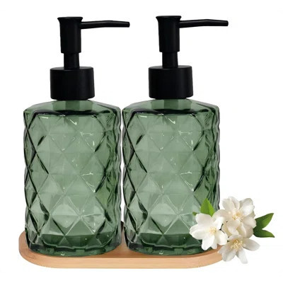 Glass Hand And Dish Soap Dispenser Set Of 2 With Plastic Pumps, Bamboo Tray, 12Oz Green Bathroom Soap Dispenser With Diamond For Hand Wash , Dish Wash | Wayfair North America