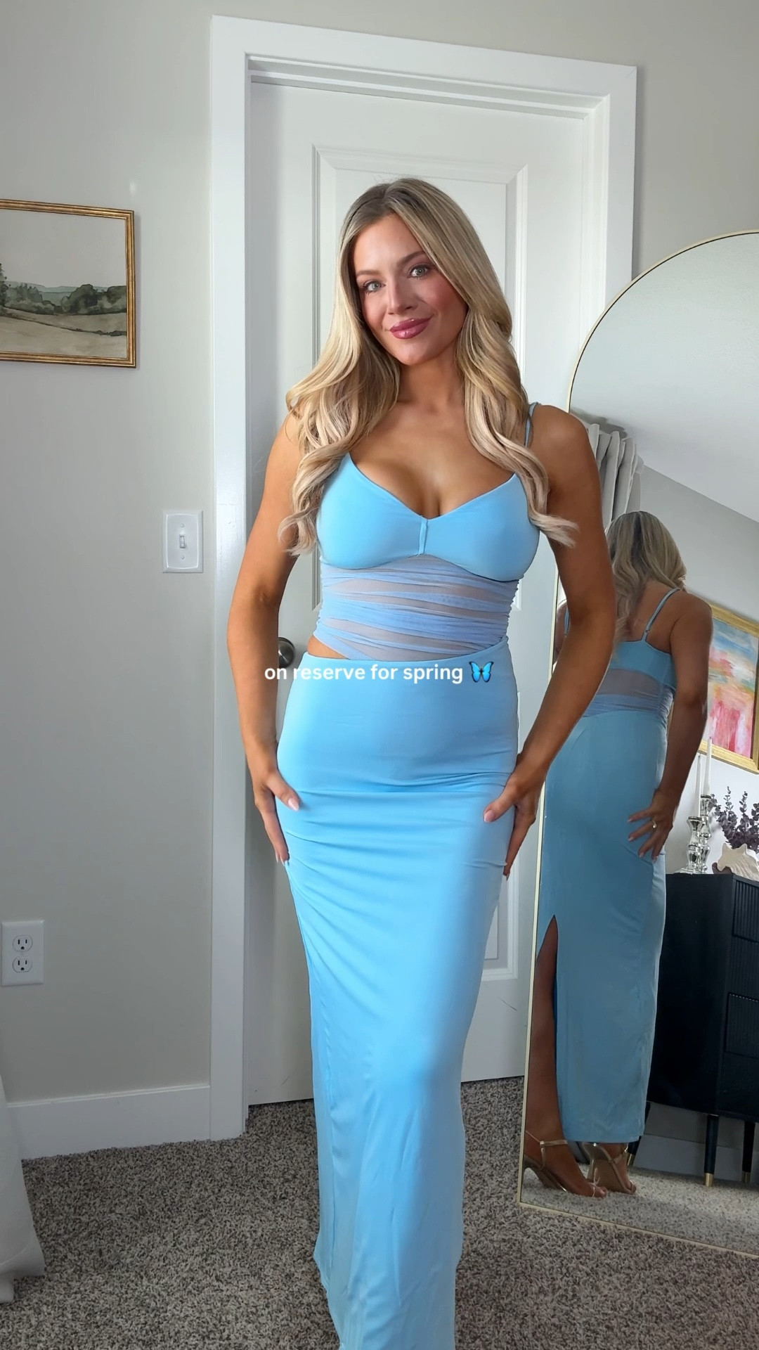 A dress that does all the talking 🩵 Bodycon, cutouts, a sheer moment and gold heels to finish it off. Best part? Under $50.

#LTKSeasonal #LTKSaleAlert #LTKTravel