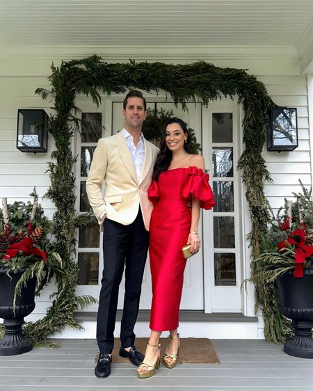 Kat and Thomas Jamieson wear holiday outfits for Christmas. Holiday outfit, Christmas Eve, New Year’s Eve, New Year’s outfit, red dress, men’s style, his and hers outfits, tuxedo blazer. 

#LTKparties #LTKHoliday #LTKmens