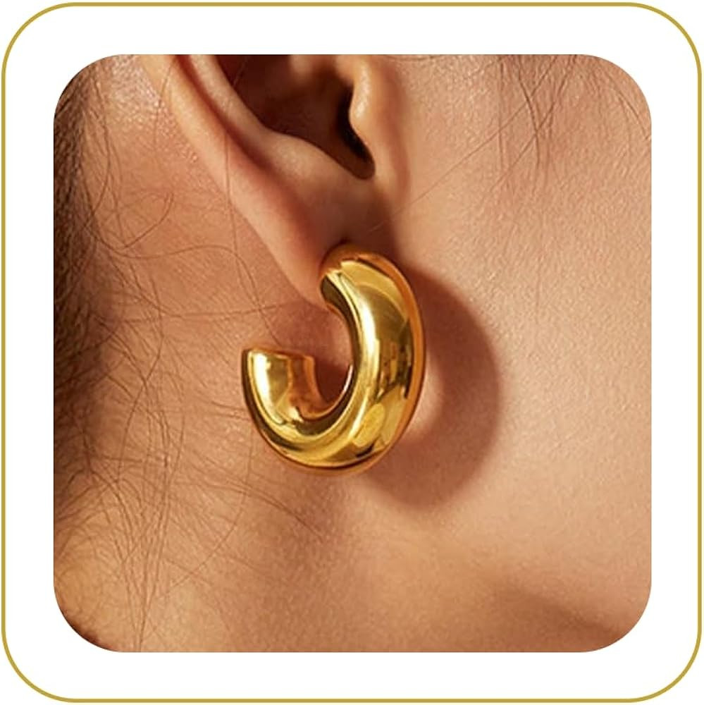 Moodear Trendy Chunky Hoop Earrings for Women - Dainty 14K Gold Plated Thinck Open Hoops Hypoalle... | Amazon (US)