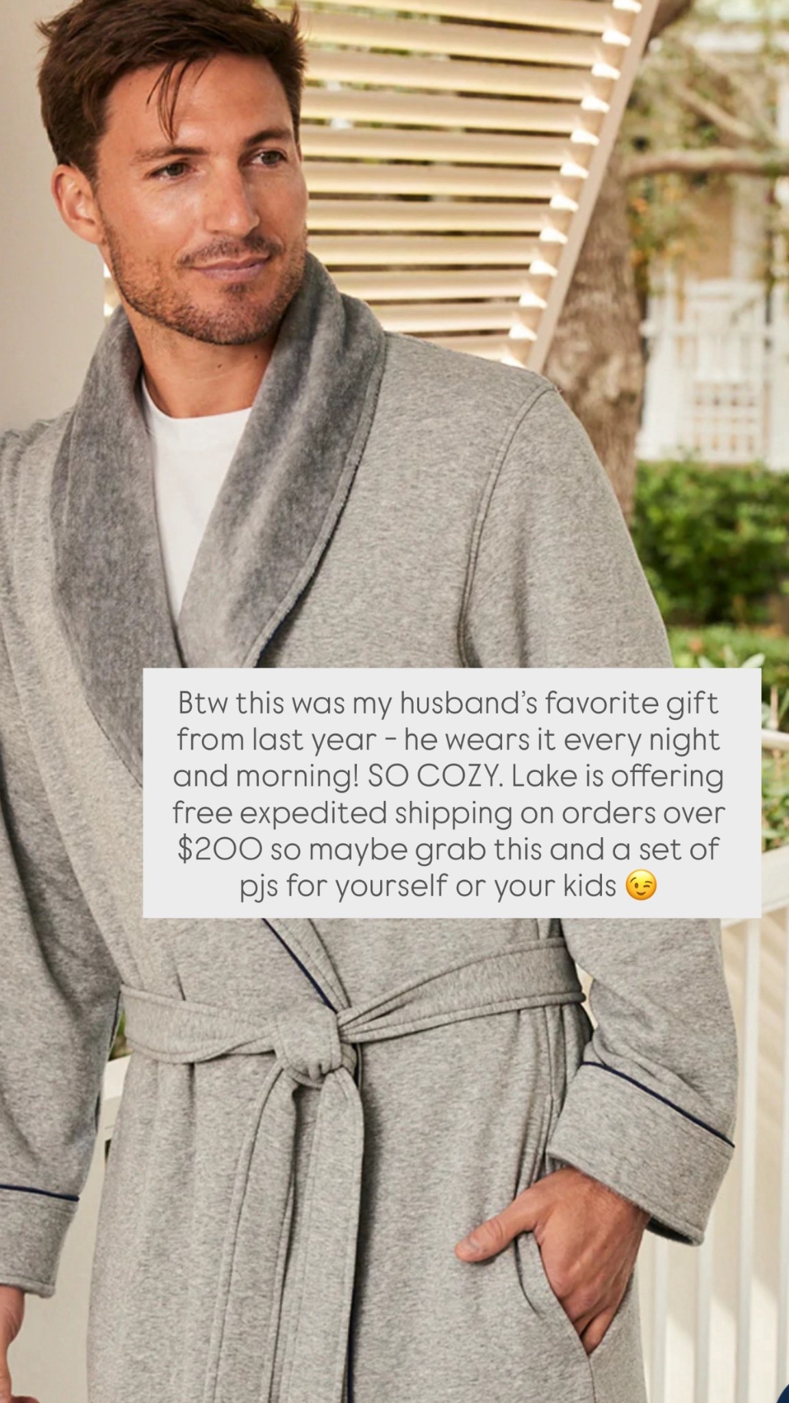Btw this was my husband’s favorite gift from last year - he wears it every night and morning! SO COZY. Lake is offering free expedited shipping on orders over $200 so maybe grab this and a set of pjs for yourself or your kids 😉

#LTKGiftGuide #LTKselfcare #LTKMens