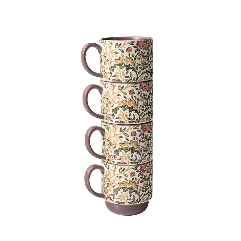 Better Homes & Gardens Edith Vine Floral 14 oz Stoneware Stacking Mugs with Metal Storage Rack, 5... | Walmart (US)