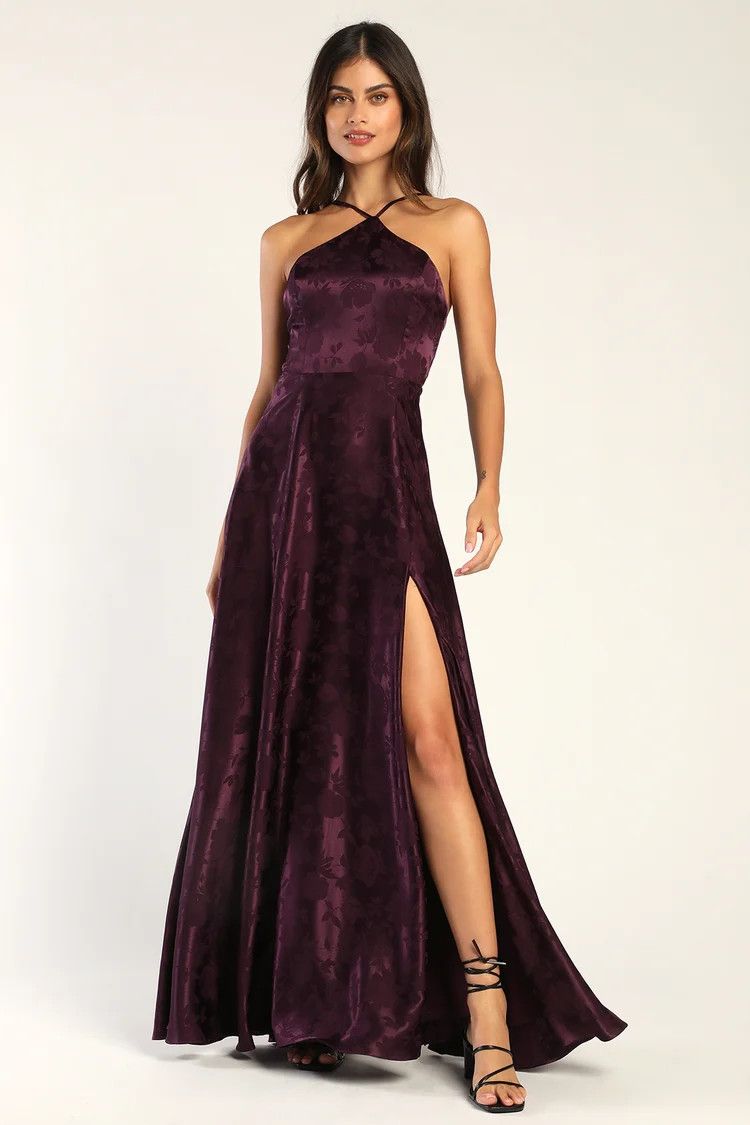 Elegant Sophistication Purple Satin Jacquard Halter Maxi Dress | Lulus (US)