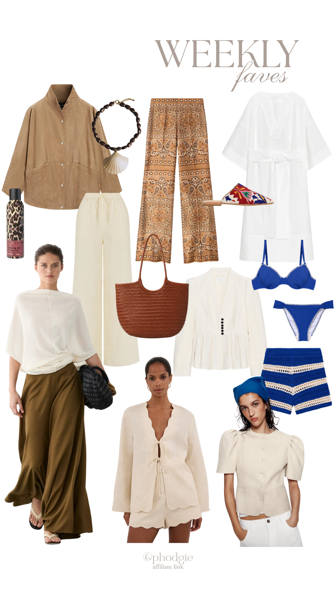 The Weekly Favourites Edit 

neutral tones, summer fashion, weekly faves, resort wear, boho chic, minimalist style, cream dress, white cover up, tan suede jacket, printed trousers, wide leg pants, knit shorts, blue bikini, woven tote, shell necklace, embroidered flats, lightweight layers, holiday outfits, beachwear, elevated basics 

 #LTKuk #LTKsummer #LTKeurope