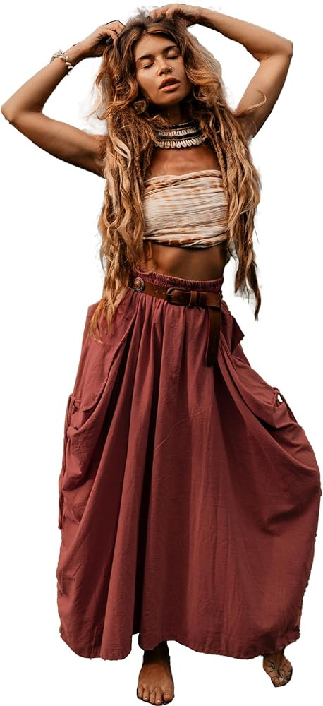 Thaluta Women's Maxi Boho Skirt with Pockets Bohemian Organic Cotton Hippie Gypsy | Amazon (US)