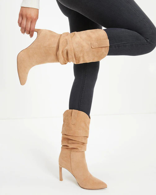 Goldie Faux Suede Heeled Slouch Boot - Almond | VICI