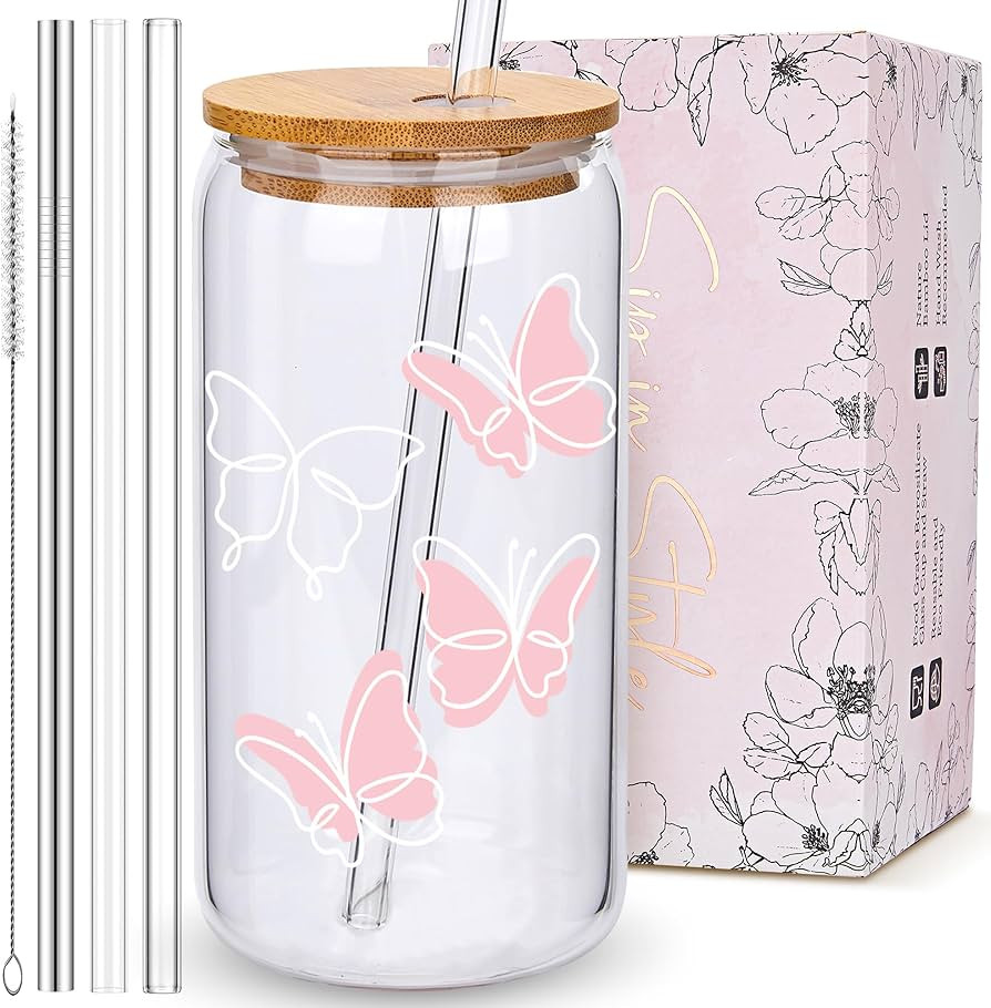 Butterfly Gifts for Women, Pink Cute Glass Cups with Lids and Straws, Aesthetic Iced Coffee Cup, ... | Amazon (US)