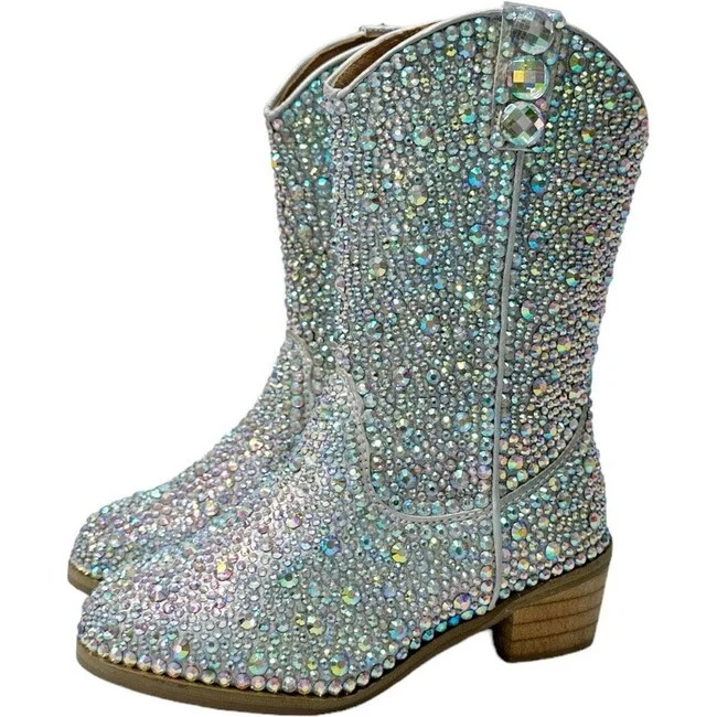 Lola + The Boys | (Silver Crystal Cowgirl Boots, Size Kid US 1 / EU 32) | Maisonette | Maisonette