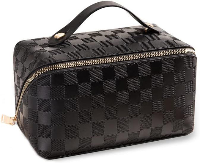 Large Capacity Travel Cosmetic Bag Plaid Checkered Makeup Bag Portable Leather Waterproof Skincar... | Amazon (US)