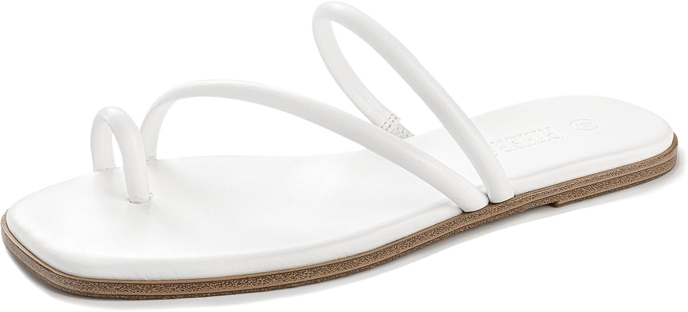 Rihero Women's Slide Sandals Comfortable Square Toe Beach Slip On Strappy Thong Flat Sandals | Amazon (US)