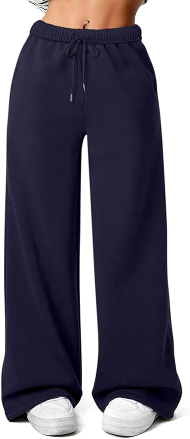 Women's Fleece Wide Leg Sweatpants Winter Warm Thermal Straight Leg Sweat Pants with Pockets | Amazon (US)