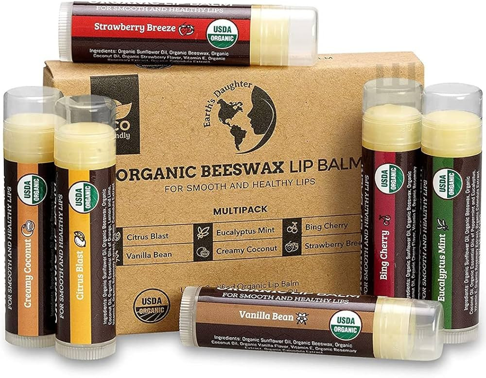 USDA Organic Lip Balm 6-Pack by Earth's Daughter - Fruit Flavors, Beeswax, Coconut Oil, Vitamin E... | Amazon (US)