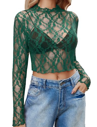 Avidlove Lace Tops for Women Long Sleeve Mesh Top Mock Neck Sheer Blouse Lace Shirt Layering Top Green | Amazon (US)