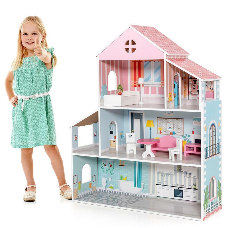 Costway Wooden Dollhouse For Kids 3-Tier Toddler Doll House W/Furniture Gift For Age 3+ | Target