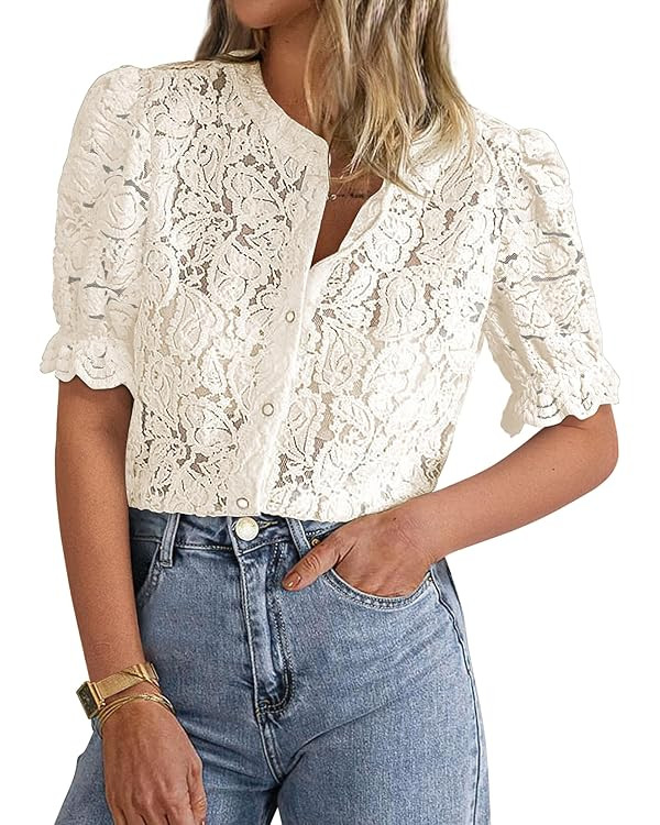 PRETTYGARDEN Womens 2025 Spring Lace Tops Short Puff Sleeve Casual Dressy Blouses Eyelet Crew Nec... | Amazon (US)