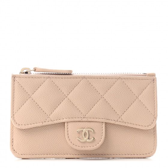 CHANEL Caviar Quilted Flap Zip Card Holder Beige | Fashionphile