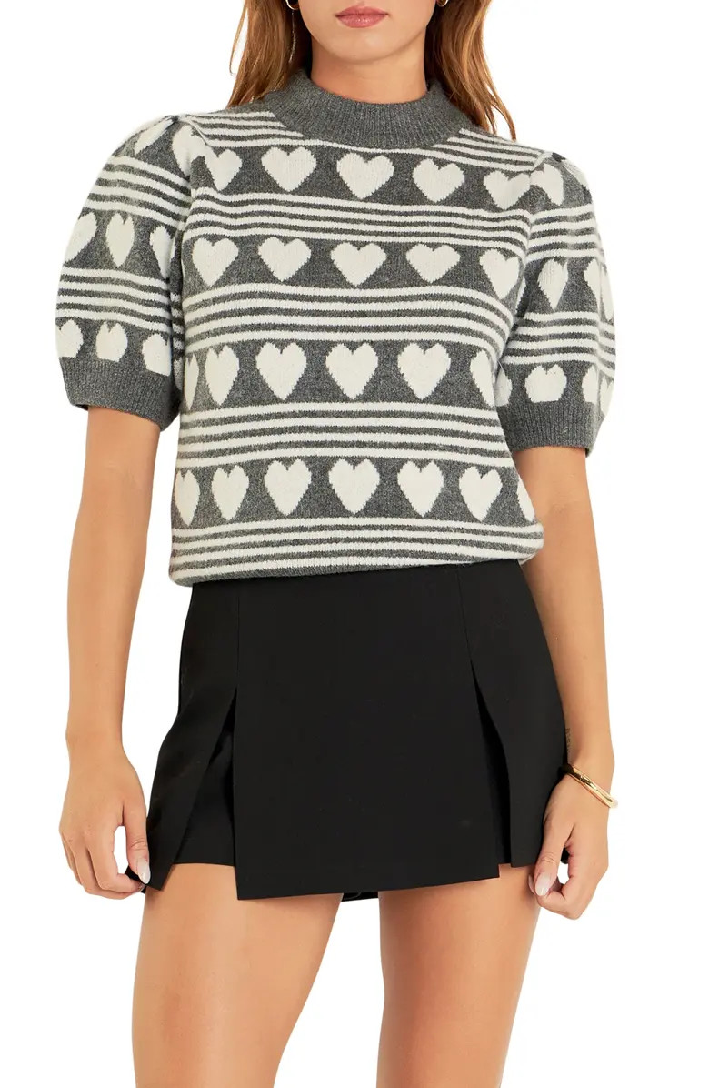 English Factory Heart Stripe Puff Sleeve Sweater | Nordstrom | Nordstrom