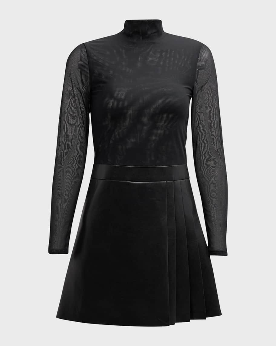 Alice + Olivia Chara Long-Sleeve Vegan Leather Pleated Mini Dress | Neiman Marcus
