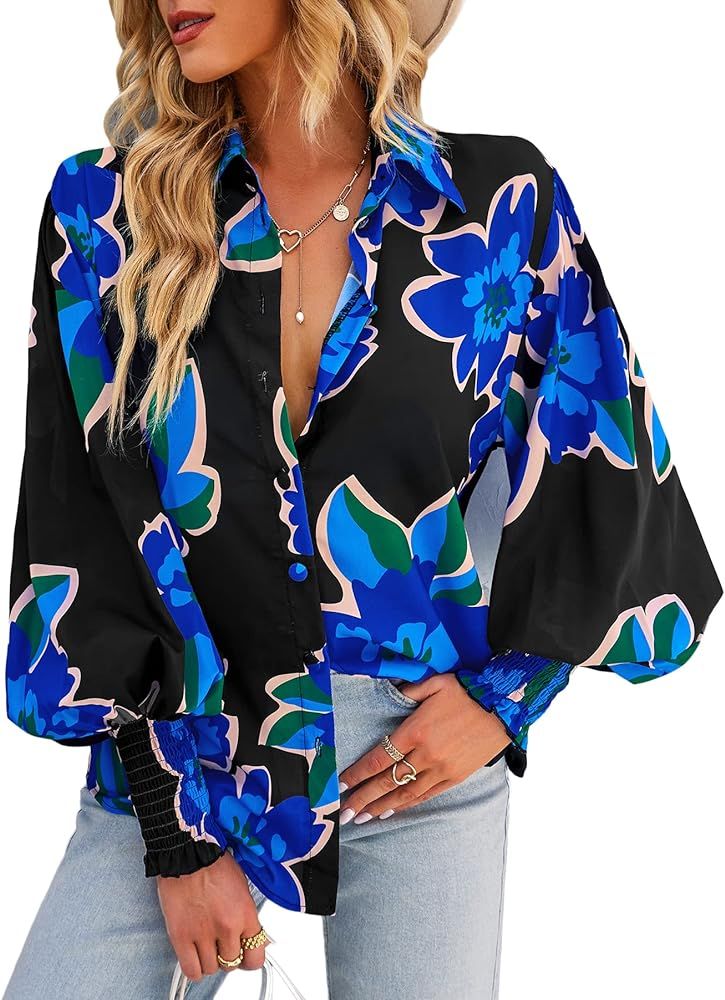ANRABESS Women’s Floral Print Puff Long Sleeve Boho Shirt Button Down Collar Casual Loose Relaxed Fi | Amazon (US)