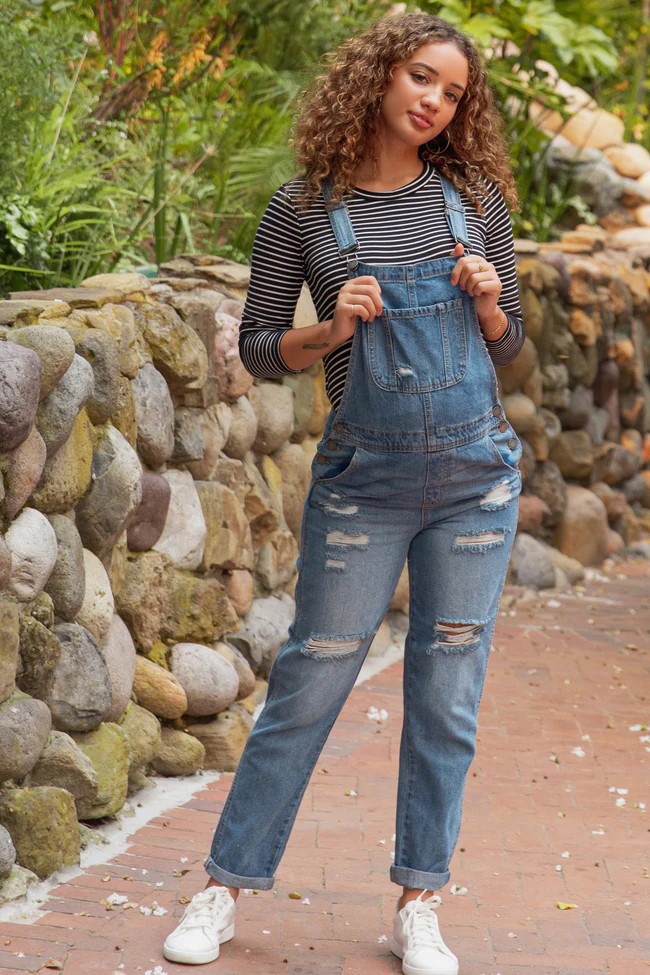 Waverleigh Medium Wash Distressed Maternity Denim Overalls | PinkBlush Maternity
