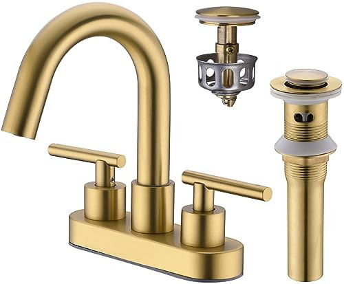 BSTIIU Bathroom Faucet 2 Handle 4 Inch Centerset Vanity Sink Faucet with Metal Overflow Pop Up Drain, 360°Swivel Spout, Stainless Steel, Brushed Brass Gold | Amazon (US)