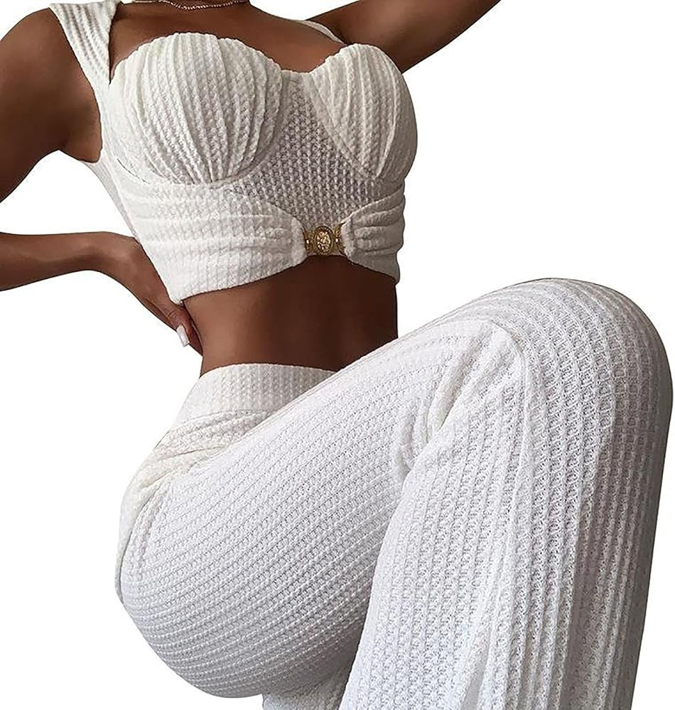 Women Sling and Wide Leg Flare Pants,Crop Sleeveless Vest Tops Long Pants,2 Piece Outfits Skinny ... | Amazon (US)