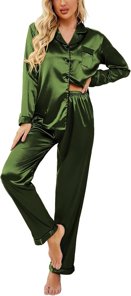 Ekouaer Women's Classic Button Down Long Satin Silk Pajama Set,Large,Army Green at Amazon Women... | Amazon (US)