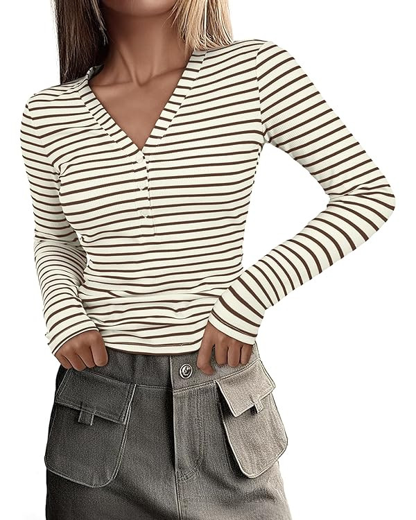 Acelitt Womens Fall Tops Casual Long Sleeve Striped Color Block Ribbed Knit Button Down V Neck Sh... | Amazon (US)
