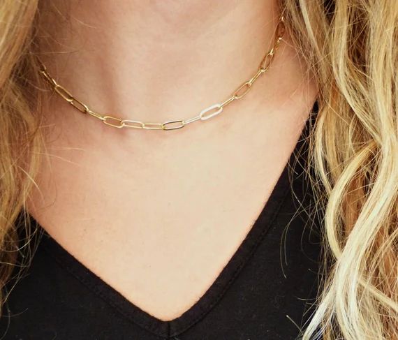 Gold Paperclip Chain Necklace, Mothers Day Gift for Her Gold Choker, Layering Necklace, Rectangle... | Etsy (US)