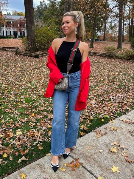 Holiday outfit, red blazer, oversized blazer, Amazon jacket, wide leg madewell jeans, black pearl top, revolve top, Gucci bag, bow heels, winter look, fall style 

#LTKHoliday #LTKSeasonal #LTKitbag