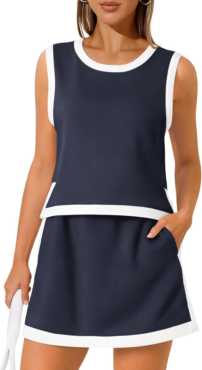 Women's Summer Two Piece Skirt Set Built in Shorts With Pocket Sleeveless Crew Neck Top Tracksuit... | Amazon (US)