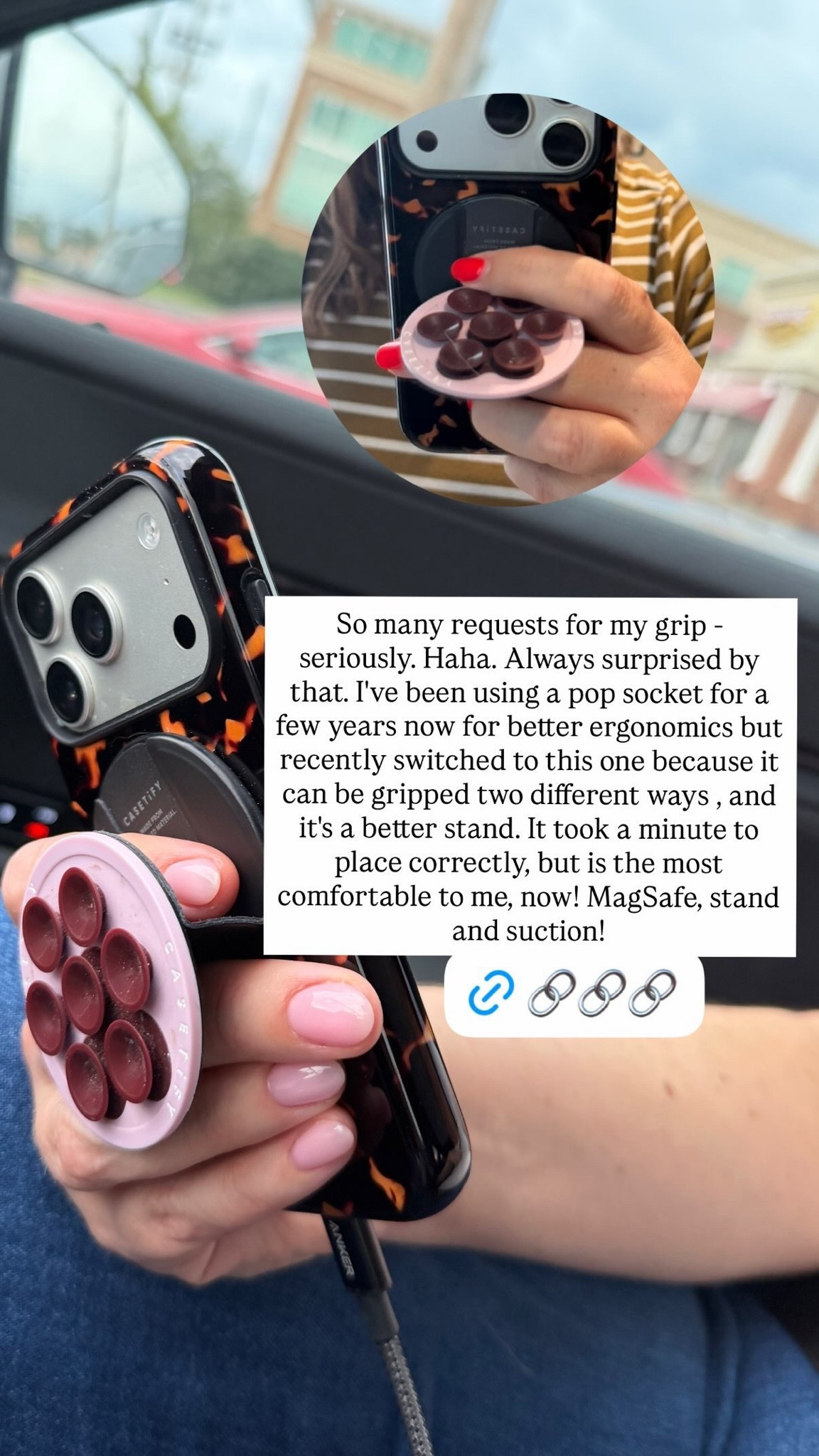 Got a lot of questions on my phone grip, so here it is! I recently switched from a PopSocket to this and really like it. Can be gripped two different ways, works with MagSafe, and has a stand and suction!

#LTKdayinmylife #LTKTravel