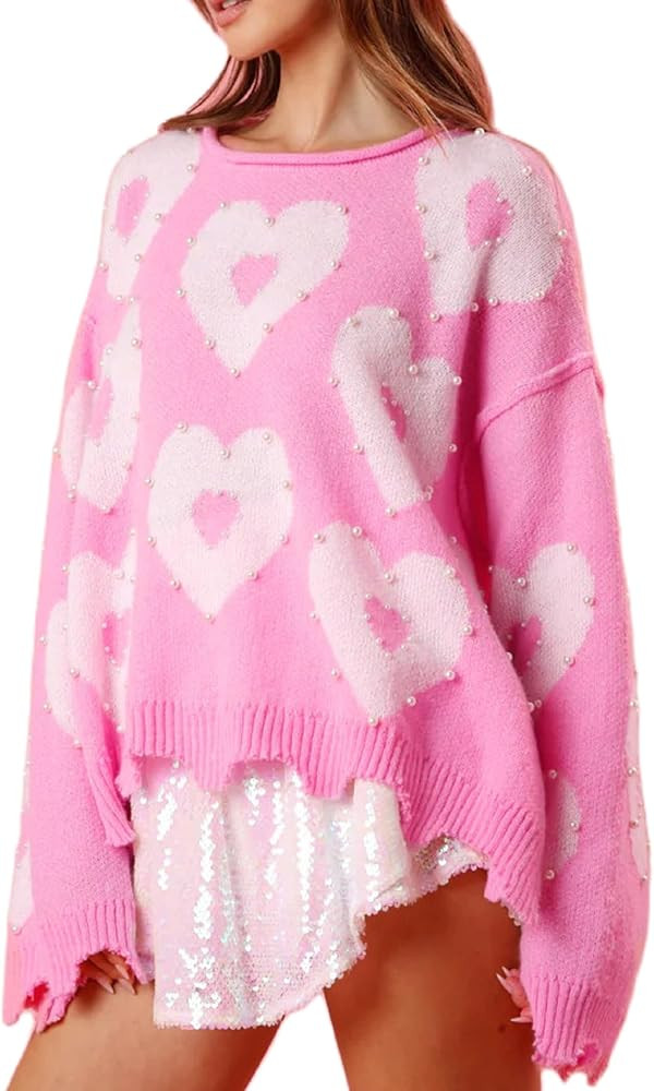 Women's Cute Heart Sweater Love Print Valentines Day Knitted Top Casual Crewneck Long Sleeve Swea... | Amazon (US)