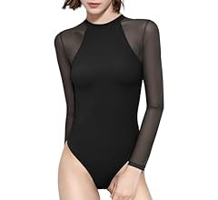 PUMIEY Mesh Long Sleeve Bodysuit for Women Crew Neck Body Suits Sexy Sheer Tops Smoke Cloud Pro C... | Amazon (US)