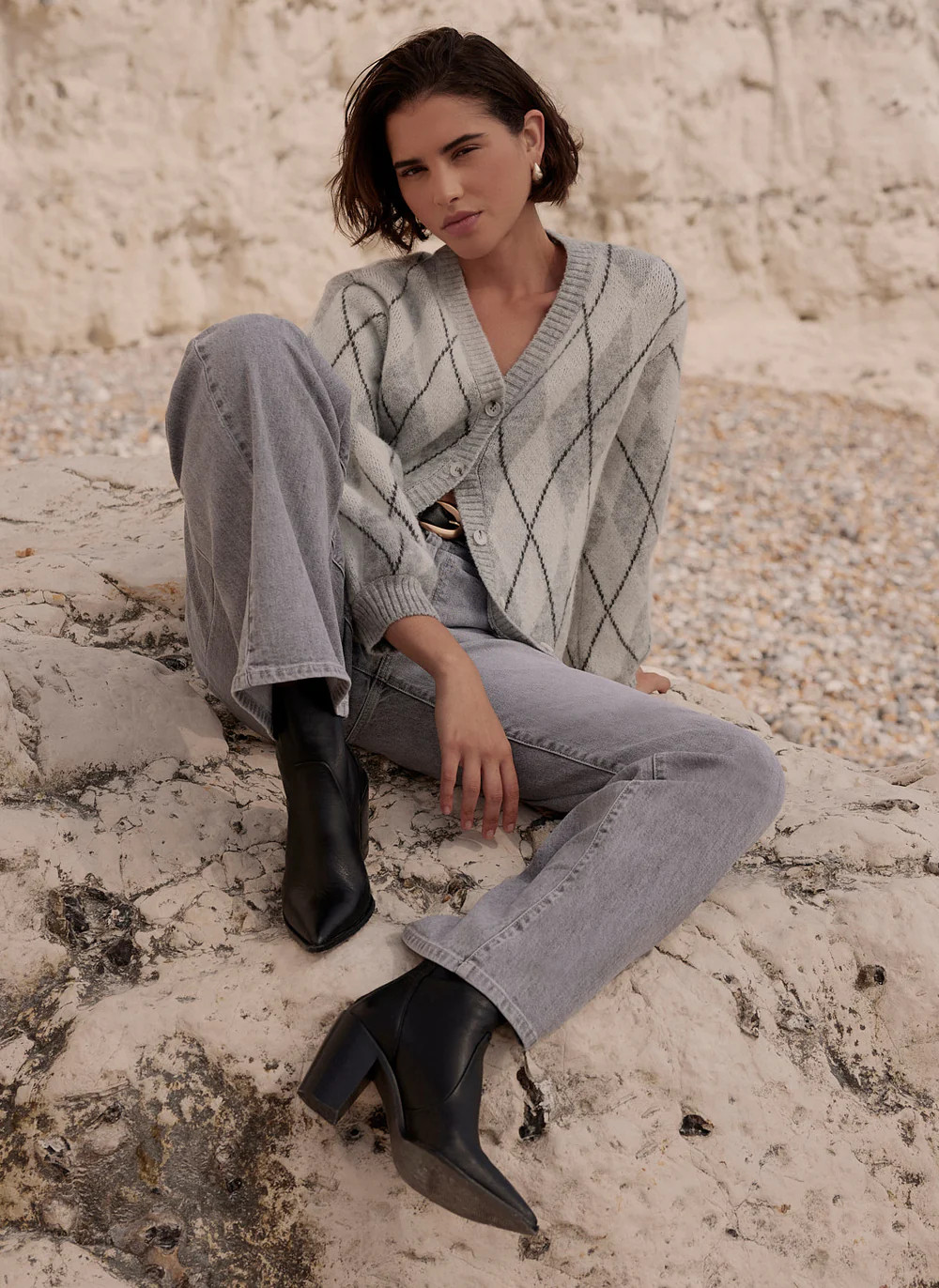 Grey Argyle Print Cardigan | Mint Velvet