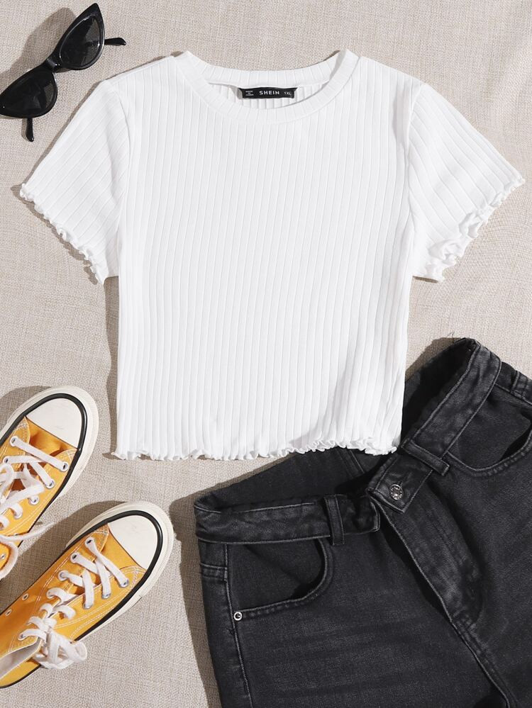 SHEIN Plus Lettuce Trim Rib Knit Tee | SHEIN