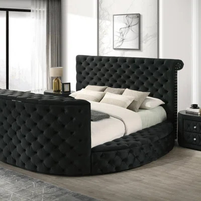 1Pc Luxurious King Size Bed Deeply Tufted Headboard Nail Head Trim Upholstered Sumptuous Velvet Footboard W Integrated Television Lift Mechanism Built | Wayfair North America
