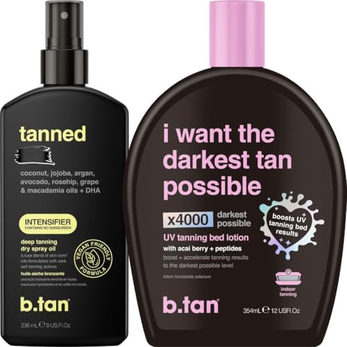 b.tan Tanning Oil & UV Tan Bed Lotion Kit | Best Dark Sun Tanner Bundle - Fast, Tinted, Indoor Outdoor Browning Accelerator Cream & Dark Bronzing Spray, Body Tan Extender, No Suntan Protection | Amazon (US)