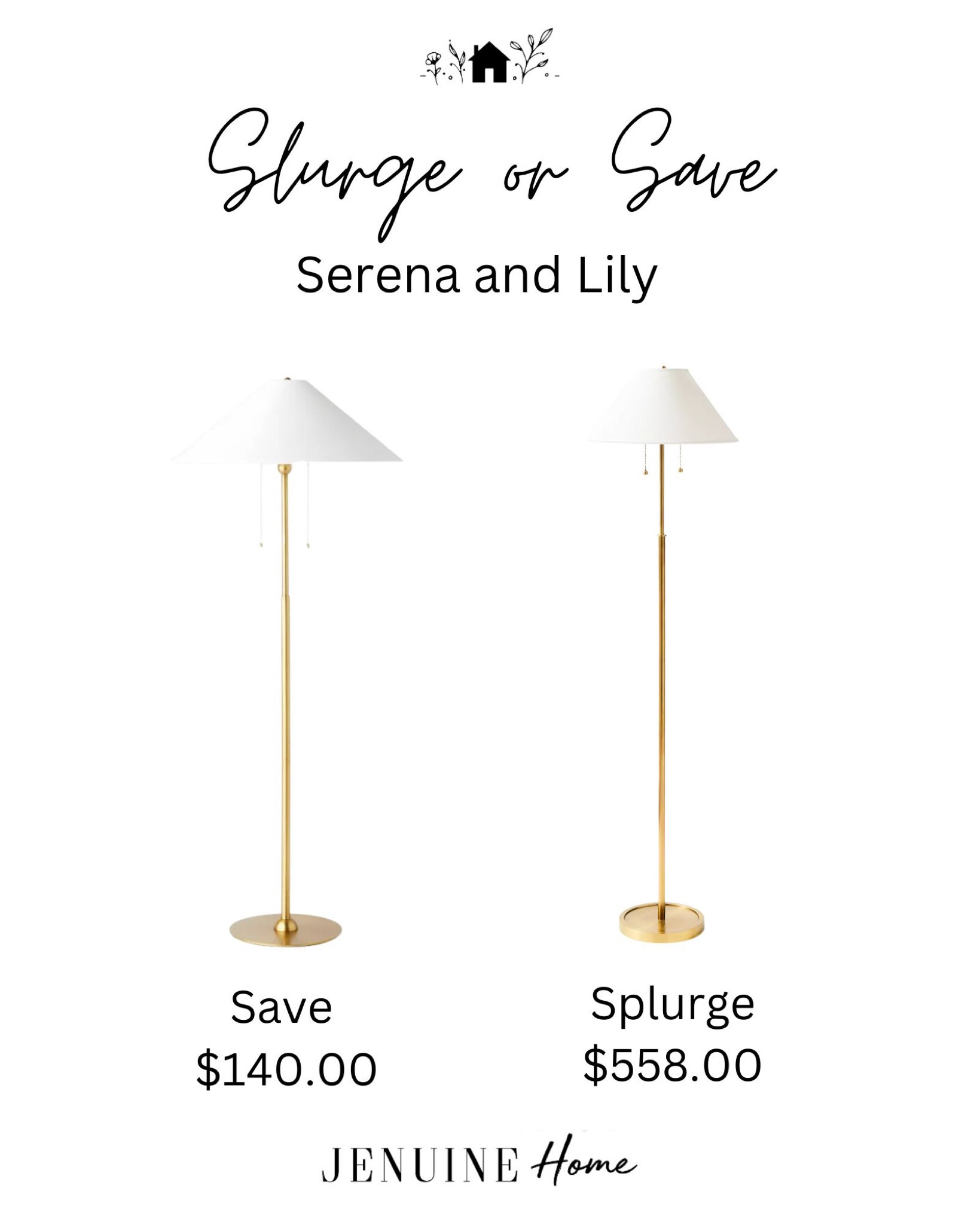 Splurge or save Serena and lily.  Save or splurge. Same for less Serena and lily. Serena and lily gold lamp. Serena and lily lighting. Gold floor lamp. Studio McGee lighting  