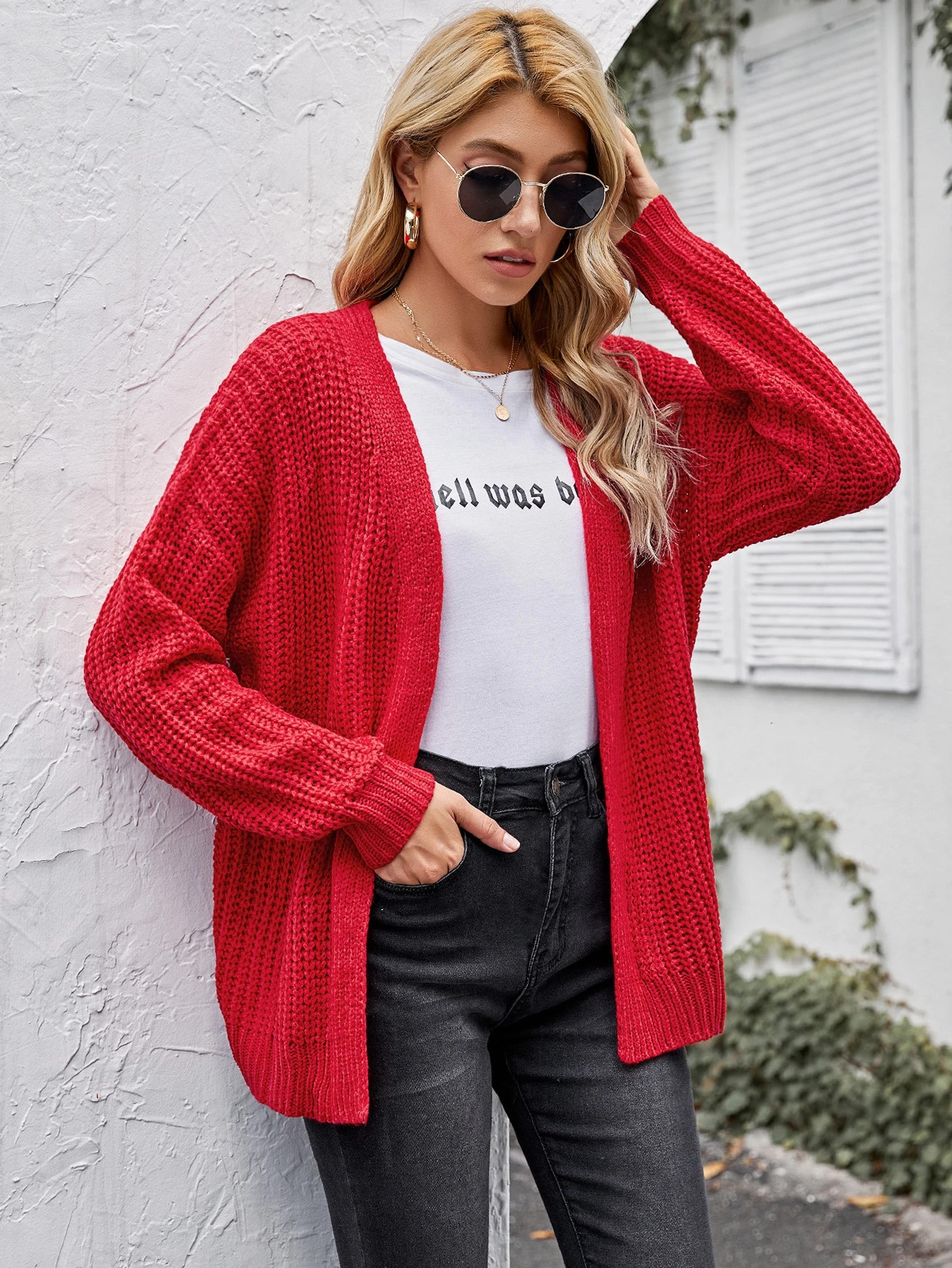 Open Front Drop Shoulder Cardigan | SHEIN