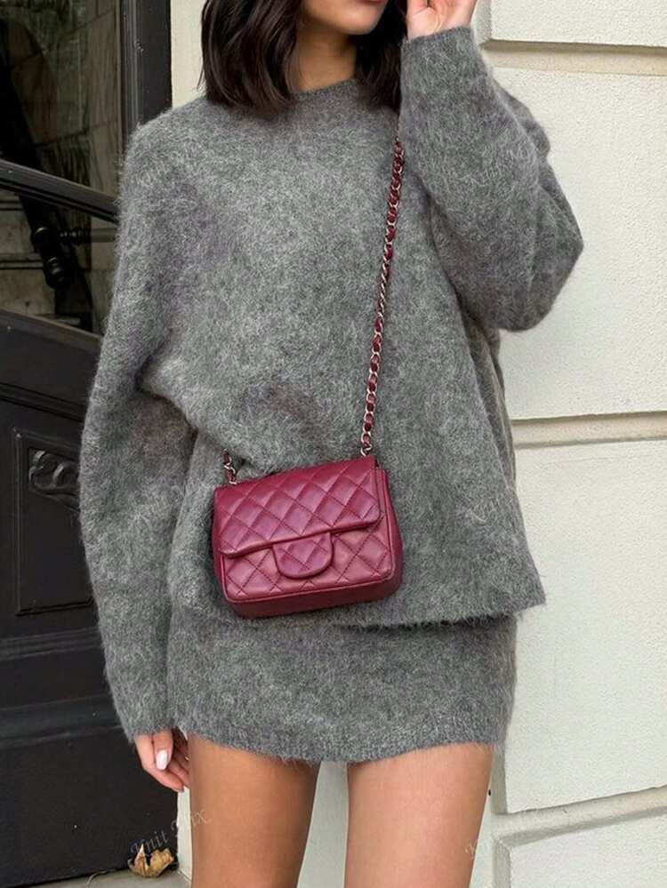 Knit Mix Elegant Women's Fall Winter Knit Sweater Set, Casual Round Neck Long Sleeve Pullover Top, Solid Color Two Pieces | SHEIN